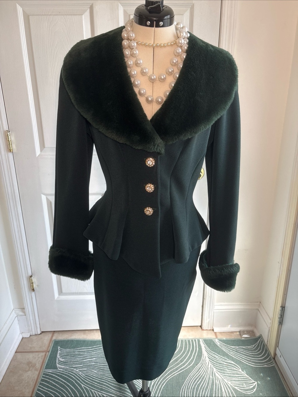 Lillie Rubin Dark Green Faux Fur-Trim Peplum Blazer & Skirt Set
